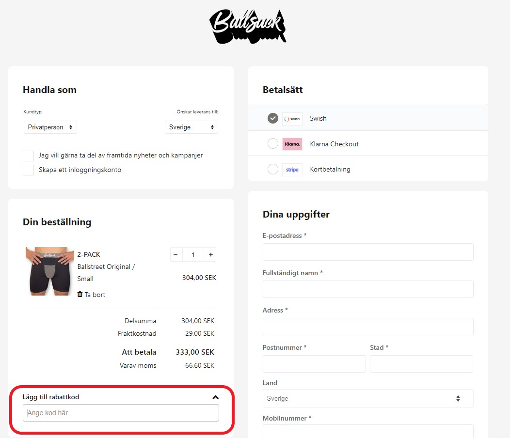 Hur använder man Ballsack rabattkod banner